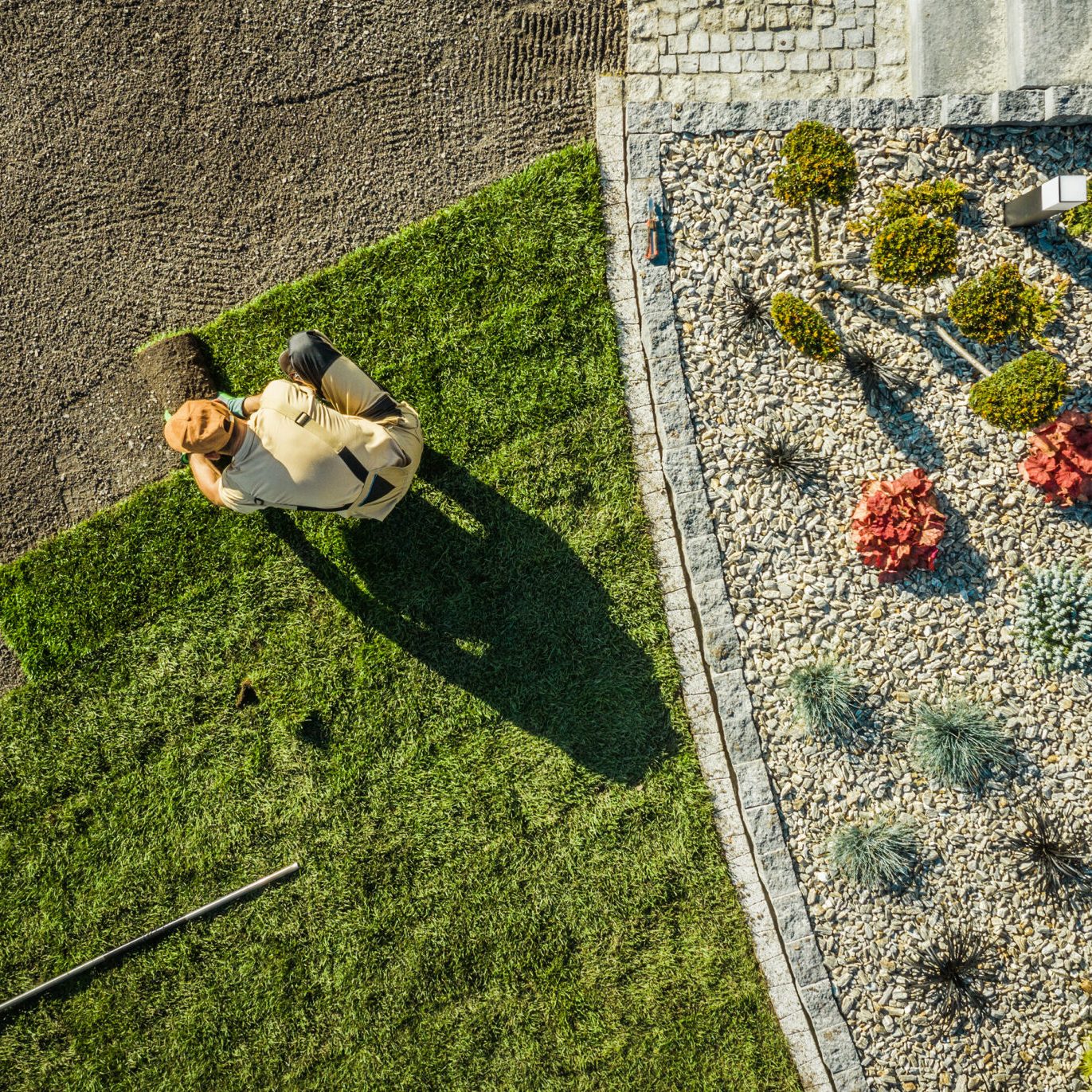 Aerial View of Gardener Installing Brand New Grass Landscaping and Gardening. Aerial View of Gardener Installing Brand New Grass in Newly Developed Residential Garden. Industrial Theme.